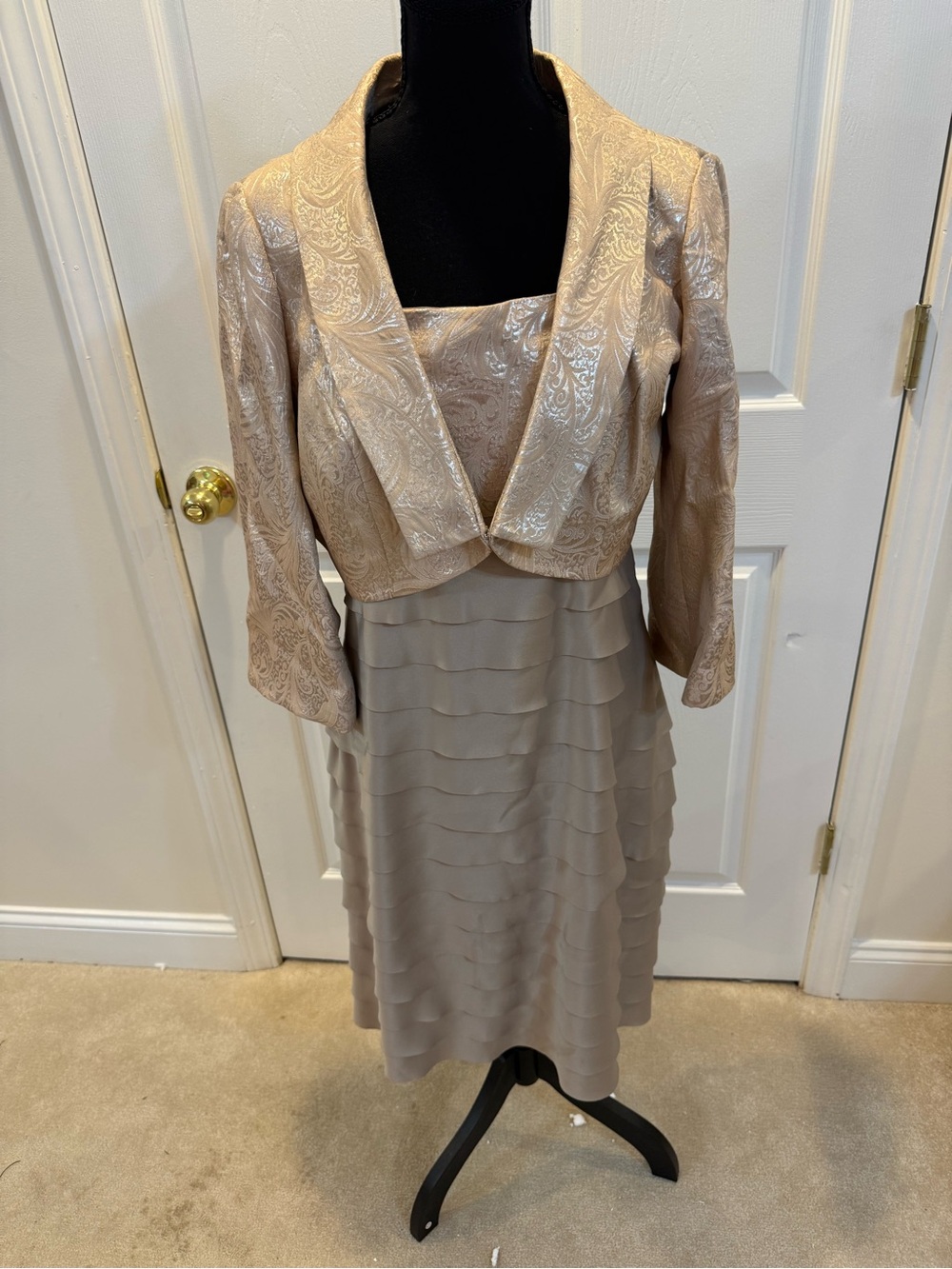 Alex Evenings Taupe Two-Piece Midi Dress with Textured Jacket
